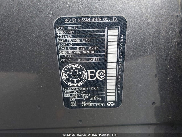12661176 :رقم المزاد ، 3PCAJ5M38KF147920 vin ، 2019 Infiniti Qx50 Autograph/essential/luxe/proactive/sensory مزاد بيع