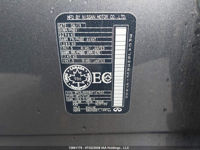 12661176 :رقم المزاد ، 3PCAJ5M38KF147920 vin ، 2019 Infiniti Qx50 Autograph/essential/luxe/proactive/sensory مزاد بيع