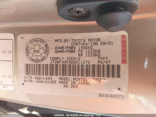 12682826 :رقم المزاد ، JTDBF30K920011270 vin ، 2002 Toyota Camry Le V6/se V6/xle V6 مزاد بيع