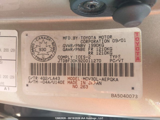 12682826 :رقم المزاد ، JTDBF30K920011270 vin ، 2002 Toyota Camry Le V6/se V6/xle V6 مزاد بيع