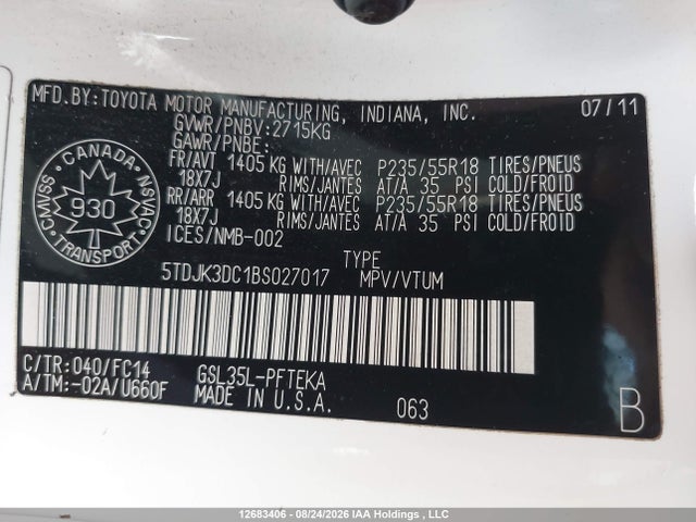 12683406 :رقم المزاد ، 5TDJK3DC1BS027017 vin ، 2011 Toyota Sienna Le 7 Passenger مزاد بيع