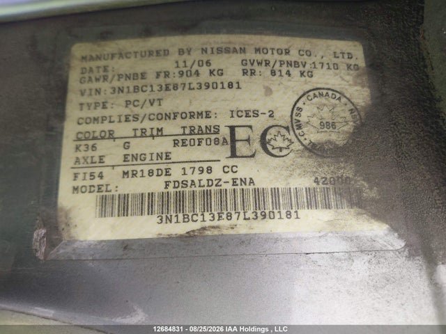 Aukcja sprzedaży 2007 Nissan Versa 1.8sl, vin: 3N1BC13E87L390181, numer aukcji: 12684831