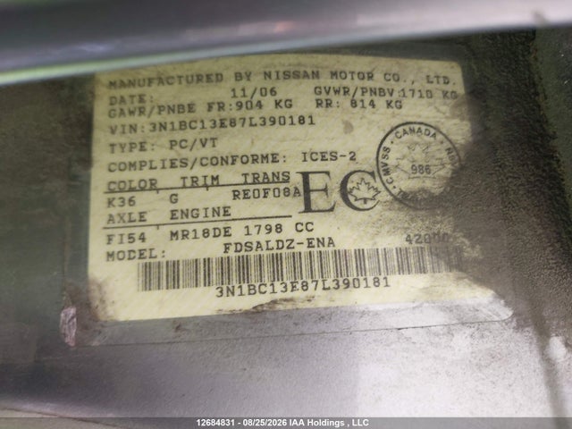 Aukcja sprzedaży 2007 Nissan Versa 1.8sl, vin: 3N1BC13E87L390181, numer aukcji: 12684831