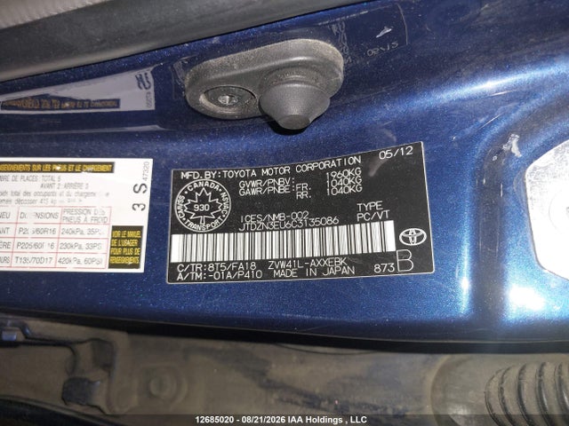 Aukcja sprzedaży 2012 Toyota Prius V, vin: JTDZN3EU6C3135086, numer aukcji: 12685020