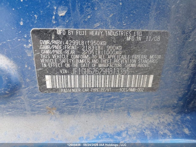 Aukcja sprzedaży 2009 Subaru Impreza 2.5 I Sport Package, vin: JF1GH62629H813355, numer aukcji: 12685935
