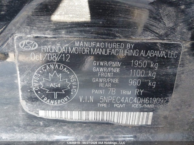12686919 :رقم المزاد ، 5NPEC4AC4DH619092 vin ، 2013 Hyundai Sonata Limited مزاد بيع