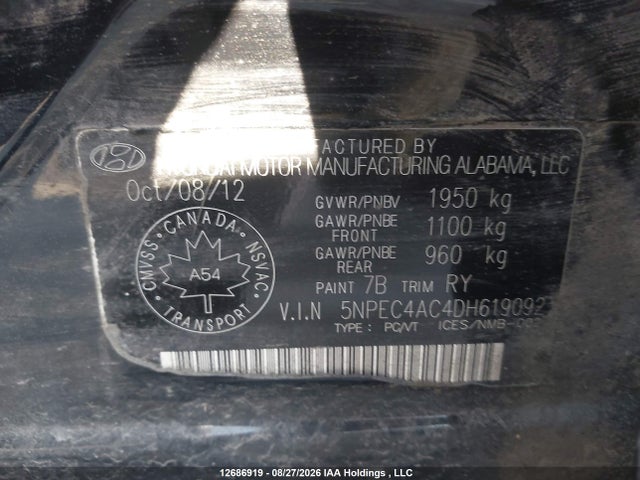 12686919 :رقم المزاد ، 5NPEC4AC4DH619092 vin ، 2013 Hyundai Sonata Limited مزاد بيع