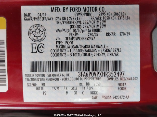 Ford Fusion V6 Sport 2017 3FA6P0VPXHR352497 Image 9