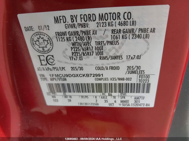 2012 Ford Escape Xlt მანქანა იყიდება აუქციონზე, vin: 1FMCU9DGXCKB72991, აუქციონის ნომერი: 12695463