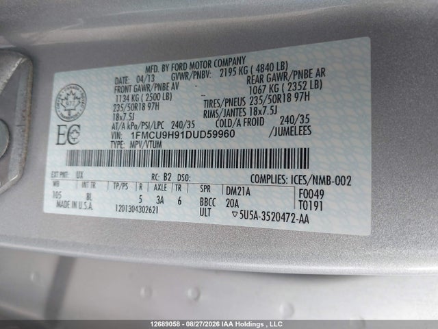 Aukcja sprzedaży 2013 Ford Escape Sel, vin: 1FMCU9H91DUD59960, numer aukcji: 12689058