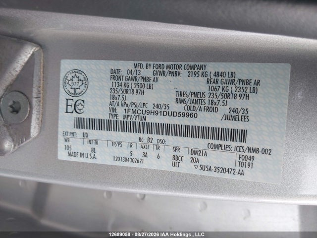 Aukcja sprzedaży 2013 Ford Escape Sel, vin: 1FMCU9H91DUD59960, numer aukcji: 12689058