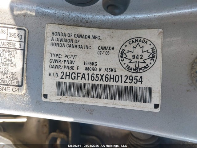 Продаж на аукціоні авто 2006 Honda Civic Lx, vin: 2HGFA165X6H012954, номер лоту: 12690341