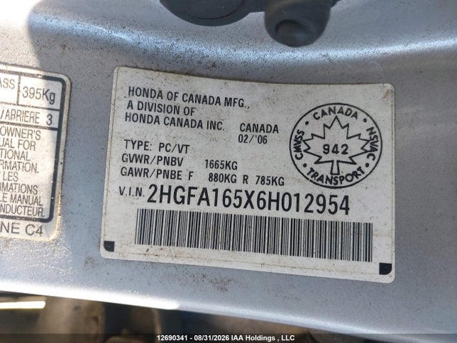 Продаж на аукціоні авто 2006 Honda Civic Lx, vin: 2HGFA165X6H012954, номер лоту: 12690341