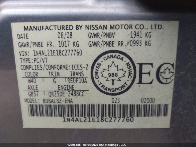 12695485 :رقم المزاد ، 1N4AL21E18C277760 vin ، 2008 Nissan Altima 2.5/2.5s مزاد بيع