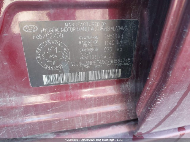 12695489 :رقم المزاد ، 5NPET46CX9H564745 vin ، 2009 Hyundai Sonata Gl/gl Premium/gl Sport/limited مزاد بيع