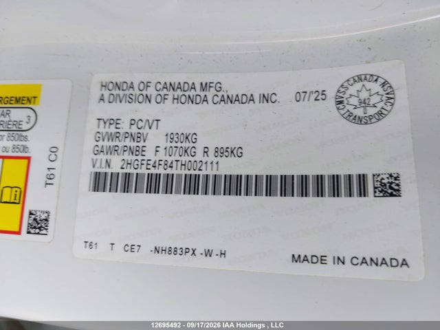 Продажа на аукционе авто 2026 Honda Civic, vin: 2HGFE4F84TH002111, номер лота: 12695492