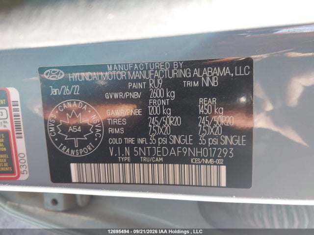 12695494 :رقم المزاد ، 5NTJEDAF9NH017293 vin ، 2022 Hyundai Santa Cruz Limited مزاد بيع
