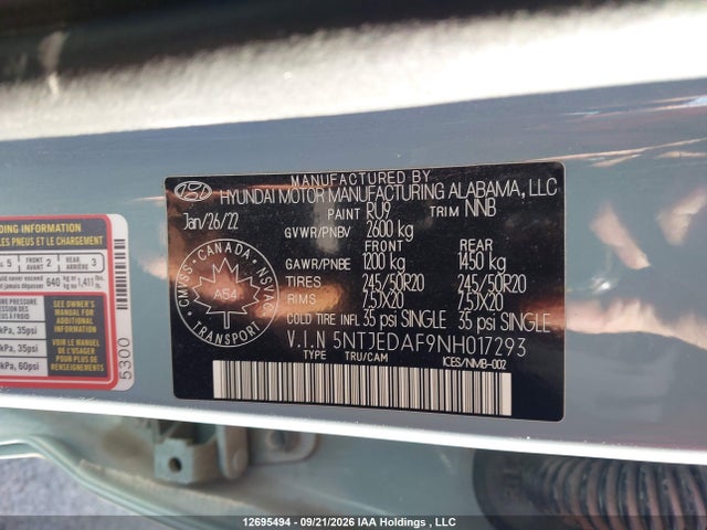 12695494 :رقم المزاد ، 5NTJEDAF9NH017293 vin ، 2022 Hyundai Santa Cruz Limited مزاد بيع