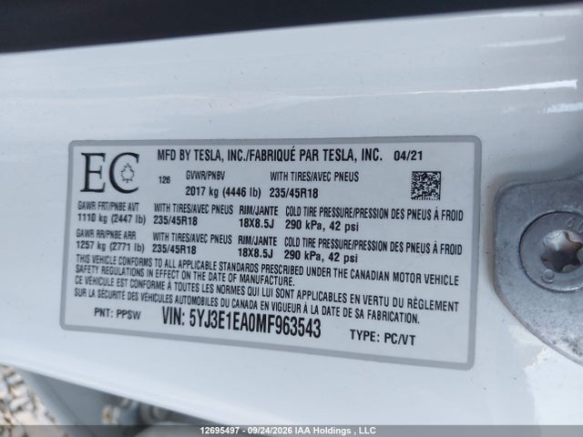12695497 :رقم المزاد ، 5YJ3E1EA0MF963543 vin ، 2021 Tesla Model 3 مزاد بيع