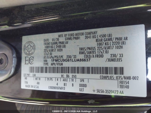 12695513 :رقم المزاد ، 1FMCU9G61LUA86637 vin ، 2020 Ford Escape Se مزاد بيع