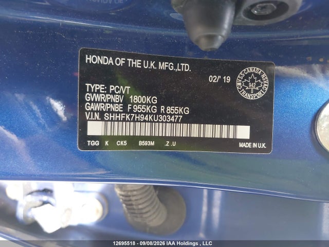 2019 Honda Civic Sport Touring მანქანა იყიდება აუქციონზე, vin: SHHFK7H94KU303477, აუქციონის ნომერი: 12695518