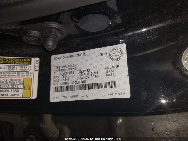 2016 Honda Cr-v Touring მანქანა იყიდება აუქციონზე, vin: 5J6RM4H98GL807455, აუქციონის ნომერი: 12695529