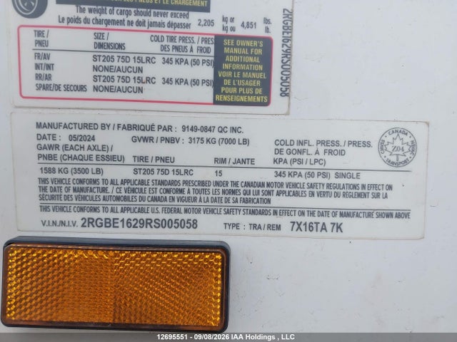 Продаж на аукціоні авто 2024 Remorque Utility 7x14, vin: 2RGBE1629RS005058, номер лоту: 12695551