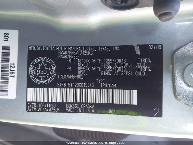 Продаж на аукціоні авто 2009 Toyota Tundra Sr5 4.7l V8, vin: 5TFBT54129X015345, номер лоту: 12695556