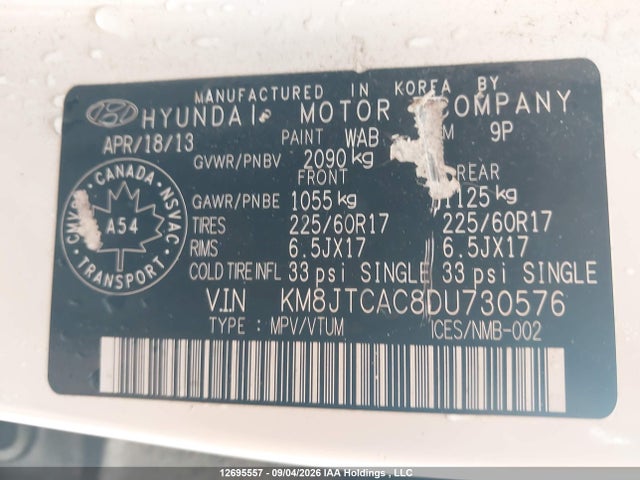 Продажа на аукционе авто 2013 Hyundai Tucson Gl, vin: KM8JTCAC8DU730576, номер лота: 12695557