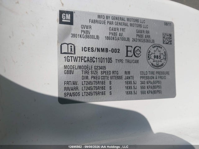 Aukcja sprzedaży 2012 Gmc Savana, vin: 1GTW7FCA8C1101105, numer aukcji: 12695562