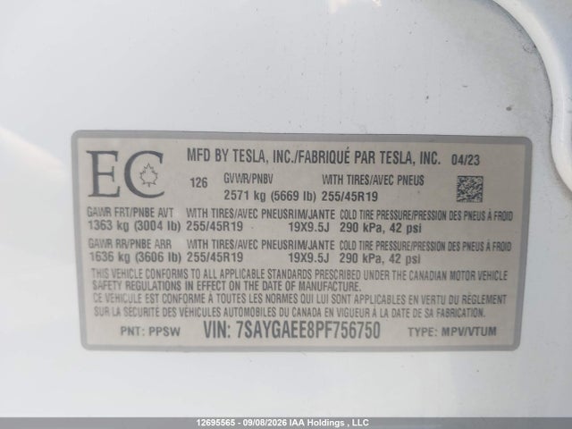 Tesla Model Y Long Range 2023 7SAYGAEE8PF756750 Image 9