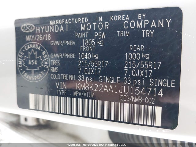 Aukcja sprzedaży 2018 Hyundai Kona 2.0l Preferred, vin: KM8K22AA1JU154714, numer aukcji: 12695568