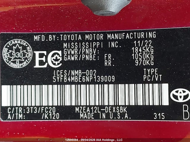 Продаж на аукціоні авто 2022 Toyota Corolla Se, vin: 5YFB4MBE6NP139009, номер лоту: 12695594