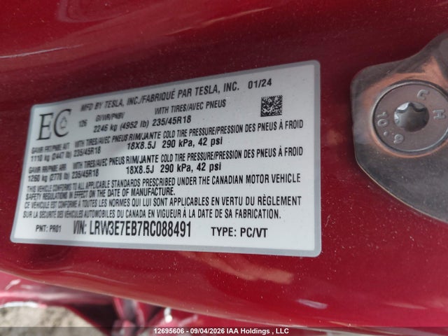 Tesla Model 3 Long Range 2024 LRW3E7EB7RC088491 Image 9