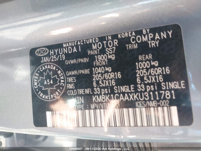 Продаж на аукціоні авто 2019 Hyundai Kona 2.0l Essential, vin: KM8K1CAAXKU311781, номер лоту: 12695607