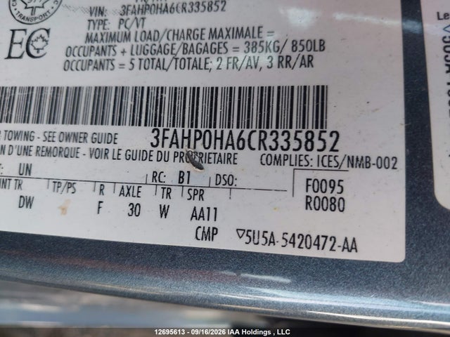 2012 Ford Fusion Se მანქანა იყიდება აუქციონზე, vin: 3FAHP0HA6CR335852, აუქციონის ნომერი: 12695613