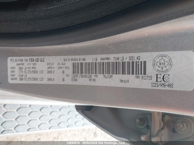 2019 Ram 1500 Laramie მანქანა იყიდება აუქციონზე, vin: 1C6SRFJT9KN501282, აუქციონის ნომერი: 12695616