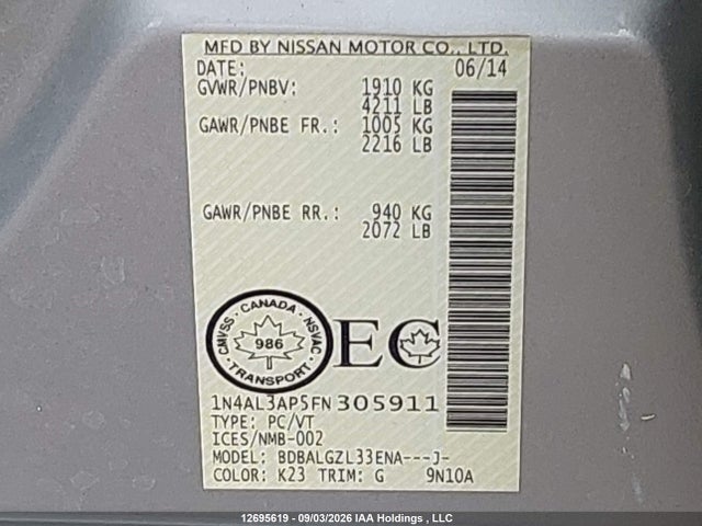 Aukcja sprzedaży 2015 Nissan Altima 2.5/s/sv/sl, vin: 1N4AL3AP5FN305911, numer aukcji: 12695619