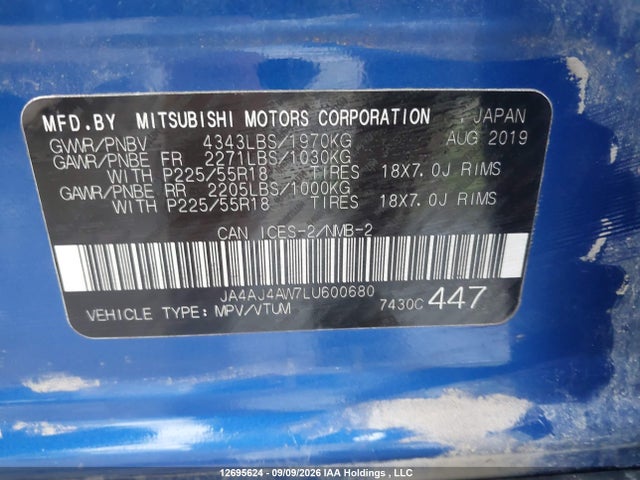 12695624 :رقم المزاد ، JA4AJ4AW7LU600680 vin ، 2020 Mitsubishi Rvr Se/sel/limited/gt مزاد بيع