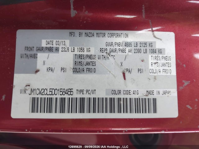 Aukcja sprzedaży 2013 Mazda Mazda5 Gs, vin: JM1CW2CL5D0158465, numer aukcji: 12695629