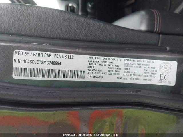 12695634 :رقم المزاد ، 1C4SDJCT3MC740994 vin ، 2021 Dodge Durango R/t مزاد بيع