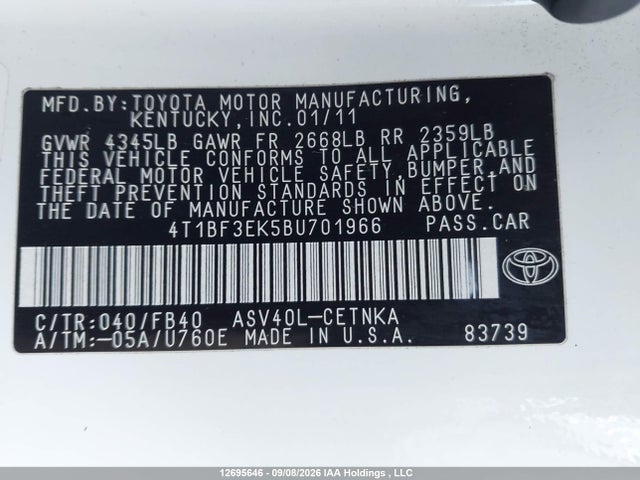 12695646 :رقم المزاد ، 4T1BF3EK5BU701966 vin ، 2011 Toyota Camry Se/le/xle مزاد بيع