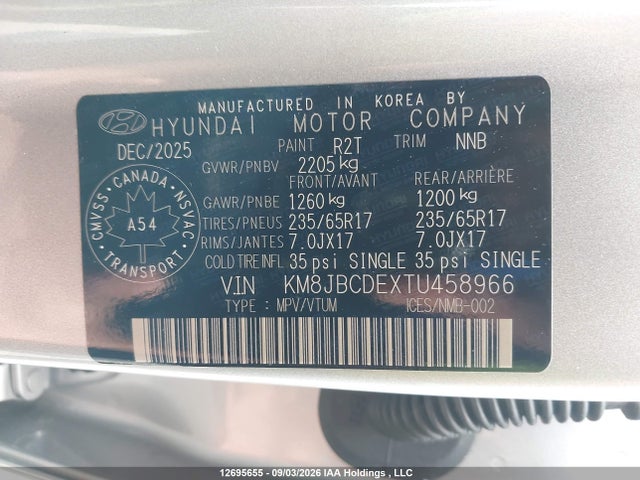 Aukcja sprzedaży 2026 Hyundai Tucson Sel, vin: KM8JBCDEXTU458966, numer aukcji: 12695655