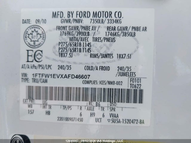 2010 Ford F150 Supercrew მანქანა იყიდება აუქციონზე, vin: 1FTFW1EVXAFD46607, აუქციონის ნომერი: 12695663