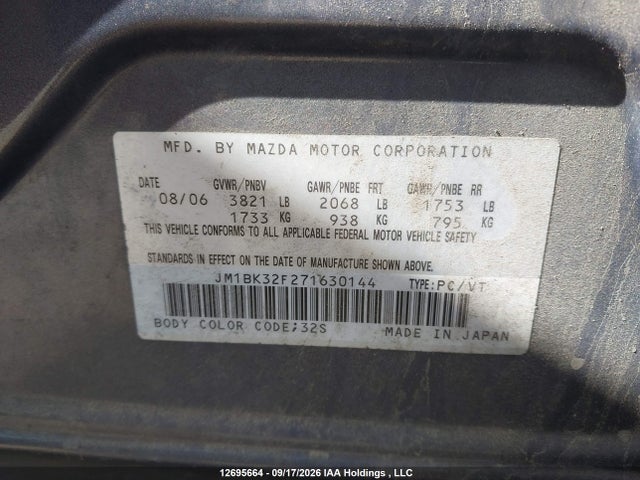 2007 Mazda Mazda3 Gs/gx მანქანა იყიდება აუქციონზე, vin: JM1BK32F271630144, აუქციონის ნომერი: 12695664