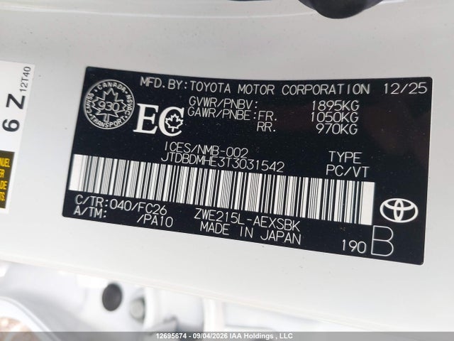 12695674 :رقم المزاد ، JTDBDMHE3T3031542 vin ، 2026 Toyota Corolla Le/se مزاد بيع