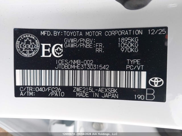 12695674 :رقم المزاد ، JTDBDMHE3T3031542 vin ، 2026 Toyota Corolla Le/se مزاد بيع