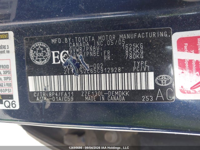 12695686 :رقم المزاد ، 2T1BR32E65C912928 vin ، 2005 Toyota Corolla Ce/le/s مزاد بيع