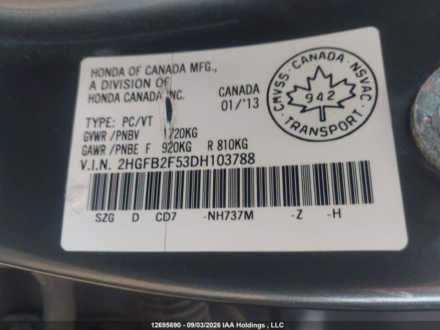 Auction sale of the 2013 Honda Civic Lx, vin: 2HGFB2F53DH103788, lot number: 12695690