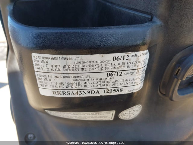 2013 Yamaha Yw50 F მანქანა იყიდება აუქციონზე, vin: RKRSA43N9DA121588, აუქციონის ნომერი: 12695693